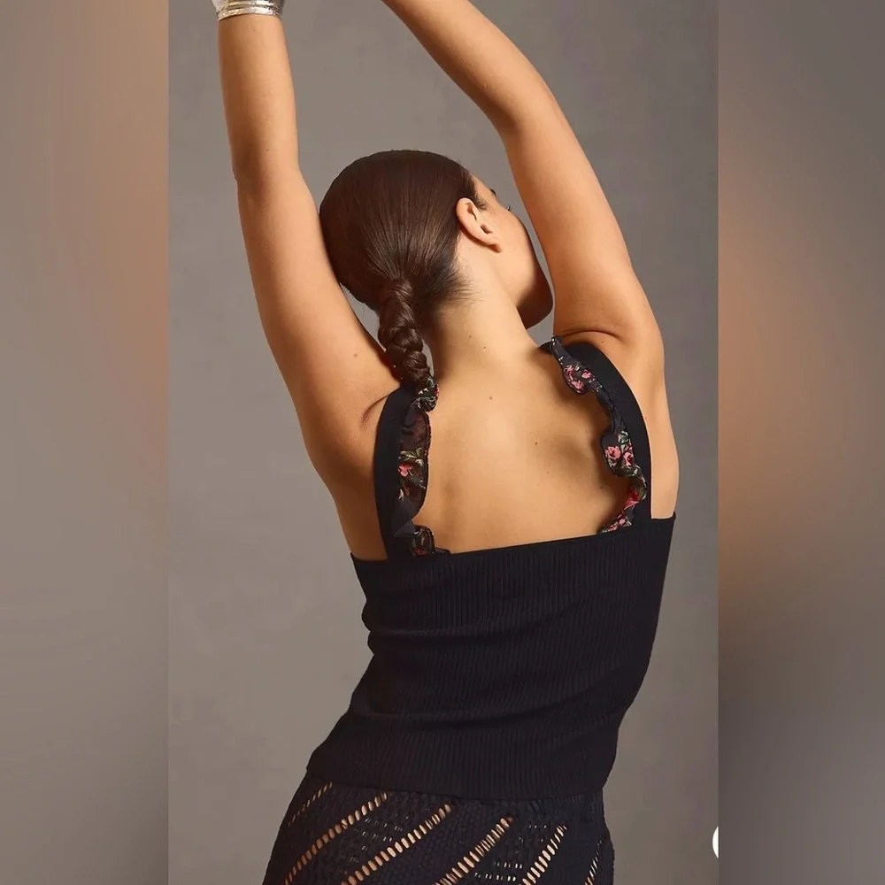 Maeve Knit Ribbed Tank W/Floral Ruffle Straps Size XXS - Picture 4 of 7